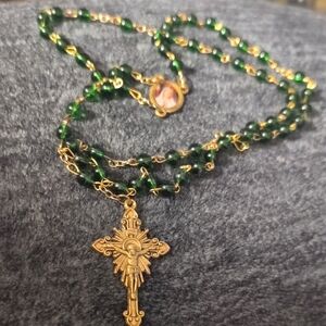 Elegant Green and Gold Rosary Necklace